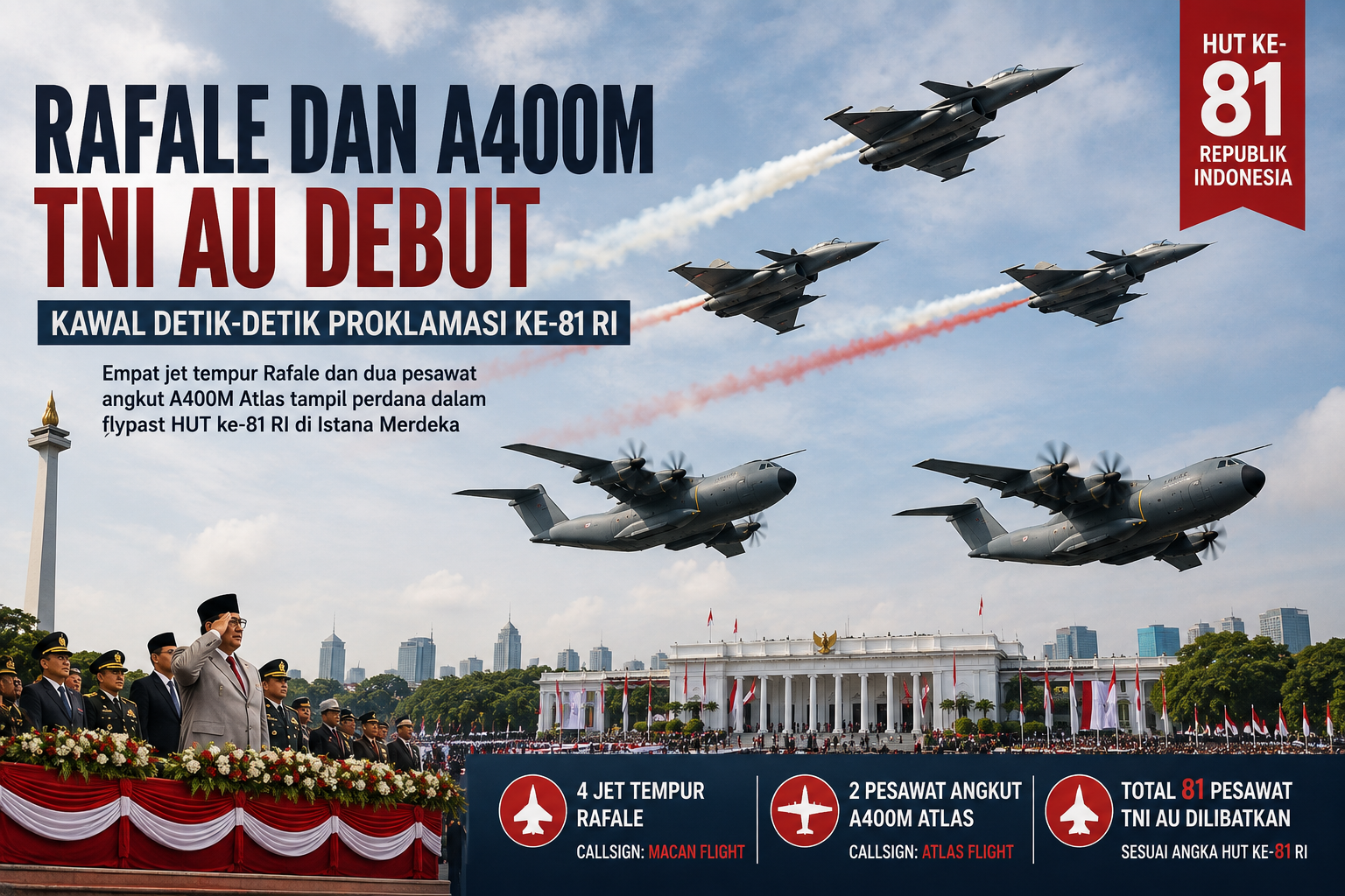 Rafale dan A400M TNI AU Debut Kawal Detik-Detik Proklamasi ke-81 RI
